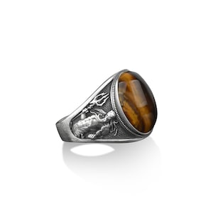 Greek god poseidon with trident oval tiger&#39;s eye ring for men in silver, Greek god of the sead Poseidon holding his trident motif men ring