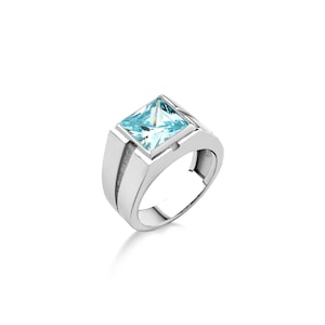 Blue topaz silver statement ring for men, Clear blue topaz mens solitaire ring for men, Square cut aquamarine stone ring for men