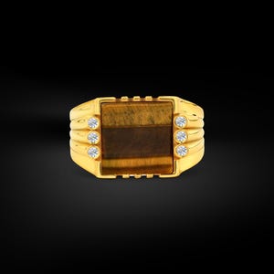 Tiger eyes with white zircon gemstone gold men ring, Flat red agate signet 18k gold men ring, Men wedding gold jewelry, Gift for husband