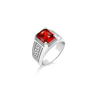 Red ruby mens pinky silver ring with engraved meander, Red ruby stone statment men ring in 925 Silver, Men gemstone jewelry for everyday us