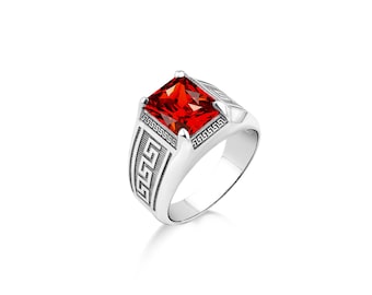 Red ruby mens pinky silver ring with engraved meander, Red ruby stone statment men ring in 925 Silver, Men gemstone jewelry for everyday us
