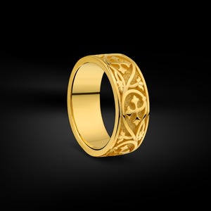 14k solid gold clover leaf holy trinity mens wedding band, Handmade 18k gold branches ring, gold gift band rings for men, Nature lover gift