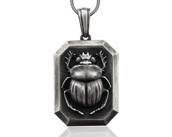 Personalized Egyptian Scarab Man Necklace, Men Silver Scarab Necklace, Egyptian Symbol Pendant, Silver Egyptian Charm, Husband Gift Necklace