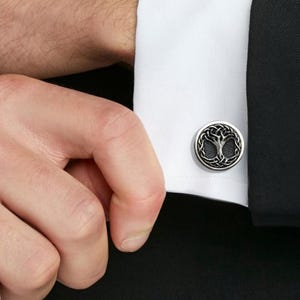Sterling silver tree of life cufflinks, Yggdrasill men polished silver cufflinks, Unique men gift, Men wedding gift, Perfect gift for men