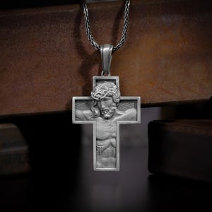 Sterling silver crucifix men cross necklace with christ Jesus, Faithful crucifix necklace, Holy Jesus on cross pendant with chatolic pattern