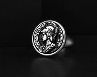 Unique Athena Greek Goddess Signet Silver Ring Ruinist Style for Men, Personalized Greek Gods Gift Jewelry