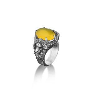 Anillo de ágata amarilla con signo del zodiaco Leo para hombre, Anillo de león para hombre con ágata amarilla ovalada, Anillo hecho a mano de animal con ágata en plata de ley 925