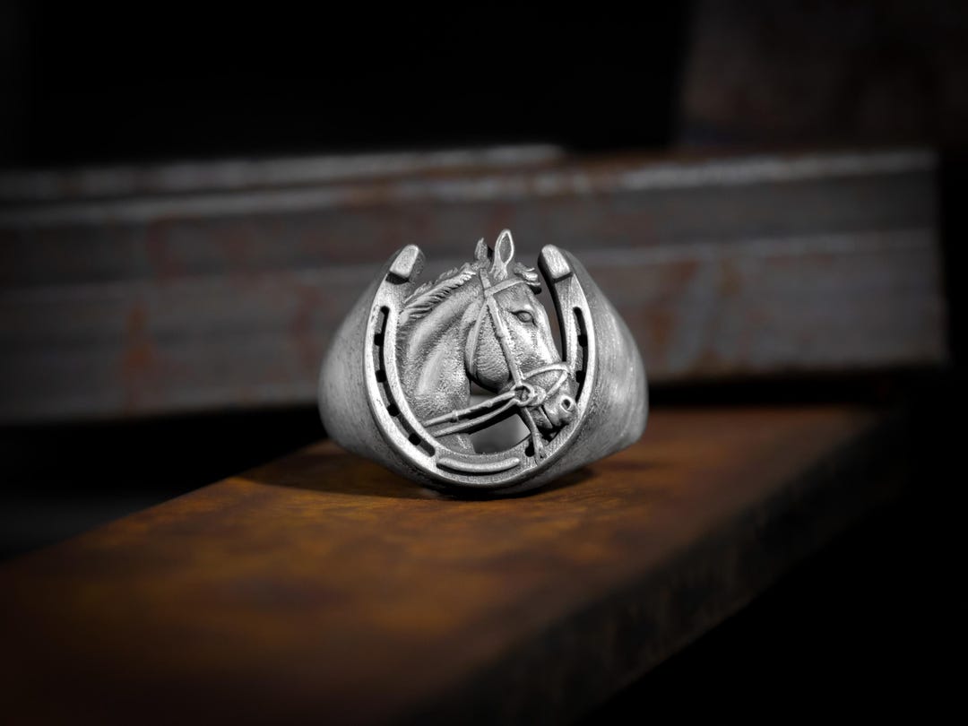 Lucky Horseshoe Horse Head Men Ring in 925 Silver, Horse Head Men ...
