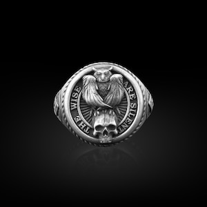 Owl Skull Mason Square Compass Signet Ring for Men, Owl Skull Ring, Unique Masonic Ring, Sterling Silver Signet Ring, Handmade Ring for Men