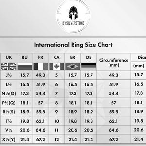 Peut inclure: Un tableau montrant les tailles de bague internationales en millim&egrave;tres et en pouces. Le tableau comprend les tailles pour les &Eacute;tats-Unis, le Royaume-Uni, la Russie, la France, le Canada, le Br&eacute;sil et l'Allemagne.