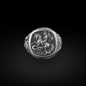 St. George of Lydda And Dragon Square Ring for Men in Sterling Silver, Christian Mens Ring, Catholic Gifts for Women, Pinky Rings for Women
