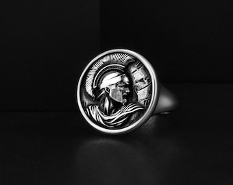 Roman Warrior Engraved Handmade Silver Signet Ring for Men, Personalized Ancient Roman Gift Jewelry Rings