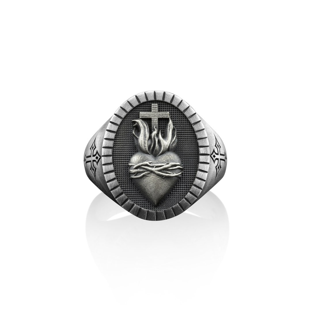 Sacred Heart Signet Ring for Men in Sterling Silver, Christian ...