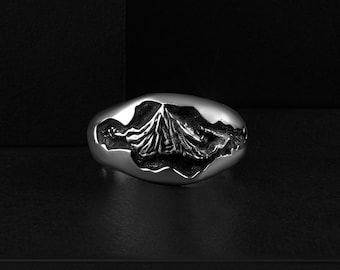 Unique Handmade Black Mountain Engraved Minimalist Silver Ring, Nature Lovers Luxury Gift Jewelry Rings