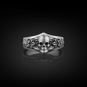 Skull with Floral Ornament Ring, Goth Engagement Ring For Men in Oxidized Silver, One Of A Kind Ring in Gothic Style, Cool Ring For Husband