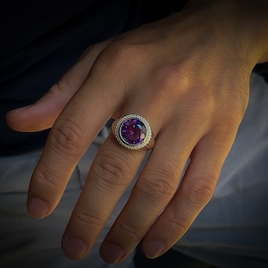 Large amethyst mens solitaire men ring in silver, Minimalist statement ring for men, Unique mens fashion amethyst ring, Gift for boyfriend