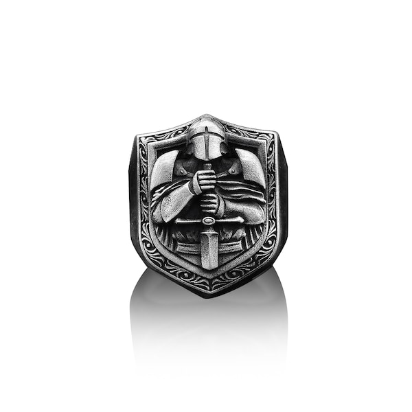 Crusader Knight handgemaakte zilveren mannen Signet Ring, christelijke middeleeuwse Tempelier Sterling zilveren mannen sieraden, zilveren Biker Ring, Memorial Gift