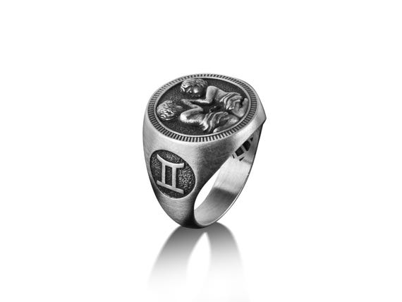 Anillo de sello de menique de Geminis para hombres anillo de sello con simbolo de signo