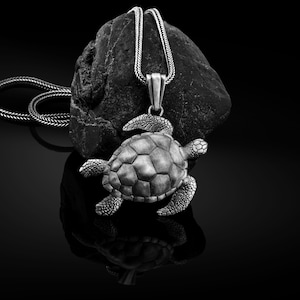 Könnte beinhalten: Eine silberne Kettenkette mit einem detaillierten silbernen Schildkrötenanhänger. Der Anhänger hängt an einem schwarzen Stein.