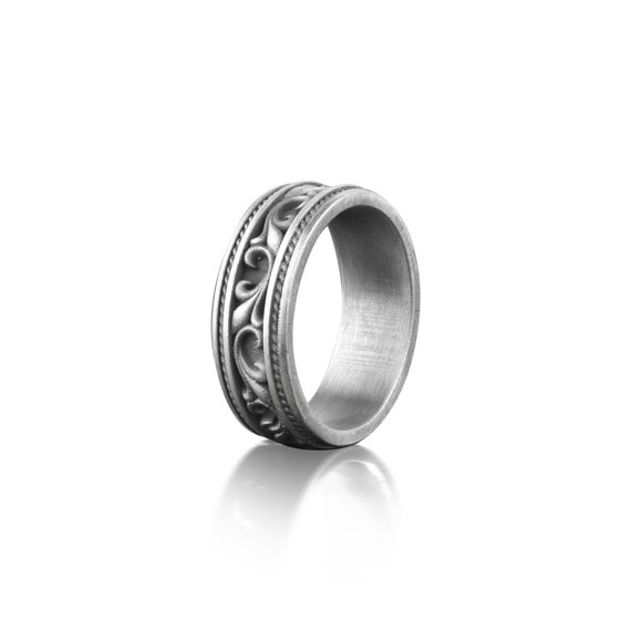 Victorian Pattern Promise Band Ring for Men in Silver, Floral