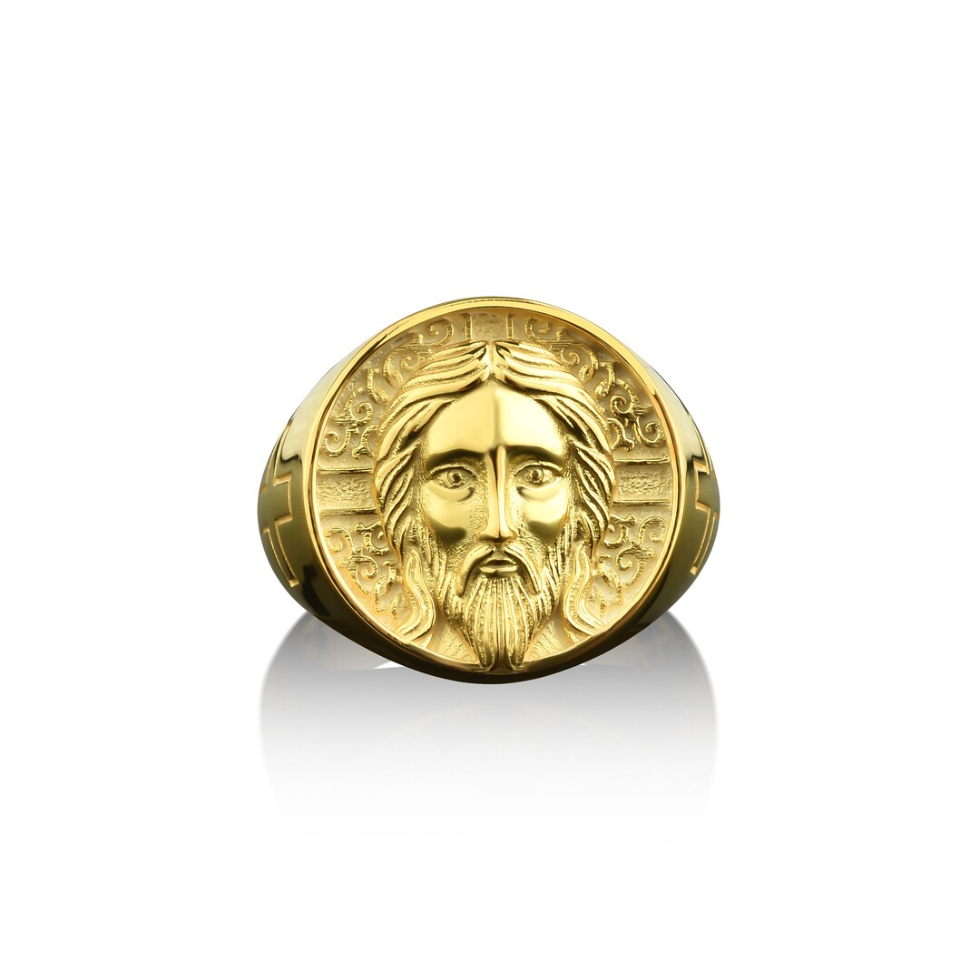 14k Gold Christian Ring With Engraved Jesus Head, 18k Gold Mens