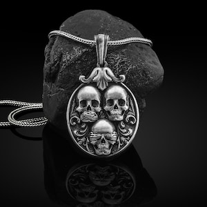 Three Wise Skull Handmade Silver Necklace, Three Mystic Apes in Skull Silver Necklace, See No Evil Hear No Evil Speak No Evil Necklace Gift