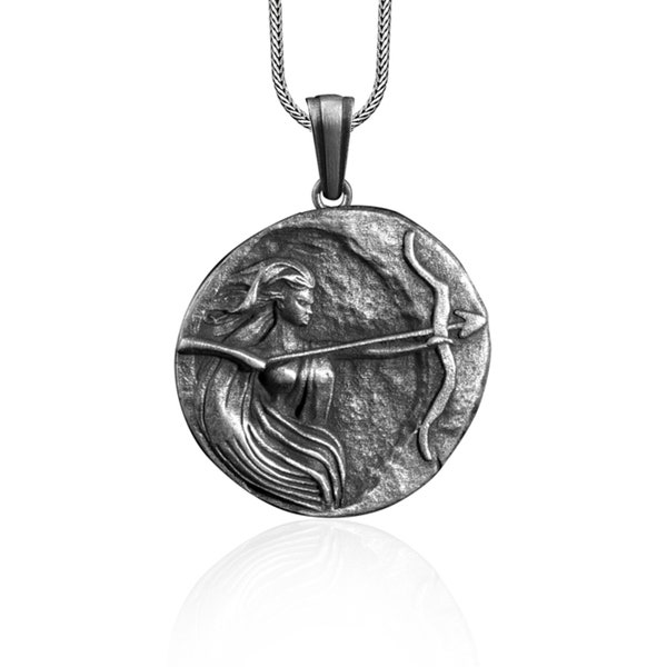 Artemis Charm Necklace in Sterling Silver, Collectable Medallion, Handmade Pendant Necklace Gift, Greek Mythology Goddess Necklace, Men Gift