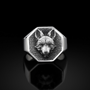 Sterling Silver Wild Fox Signet Mens Ring, Handmade Fox Octagonal Man Ring, Polished Fox Ring, 925 Silver Wedding Men Gift, Ring For Men&#39;s