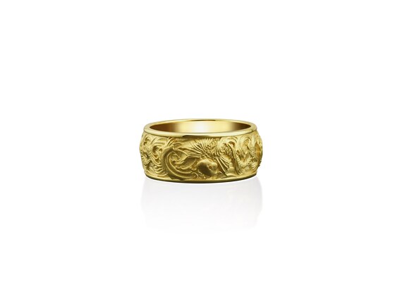 Carp and Waves Japanese Motifs Handmade 10K 14K 18K Men Gold Ring