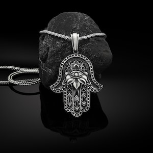 Hamsa-zilveren herenketting, sterlingzilveren hamsa-manhanger, boze oog hamsa-bedelhanger, hand van Fatima zilveren mannenhanger, cadeau man