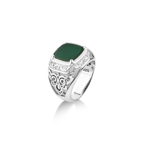 Bague homme viking en pierre d'agate verte en argent sterling, chevalière en agate de style vintage avec motifs gravés, bague homme en jade vert, bijoux pour hommes