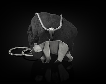 Grizzly Bear Silver Animal Necklace, Sterling Silver Origami Necklace, Bear Jewelry, Nature Necklace, Family Necklace, Remembrance Gift