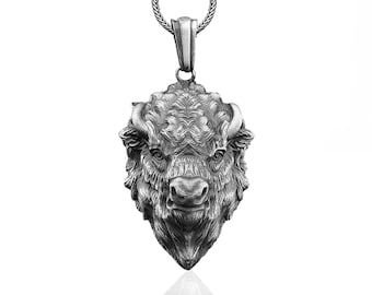 Buffalo Handmade Silver Necklace, 3D Buffalo Head Silver Men Jewelry, Buffalo Head Sterling Silver Pendant, 3D Buffalo Head Gift, Men's Gift