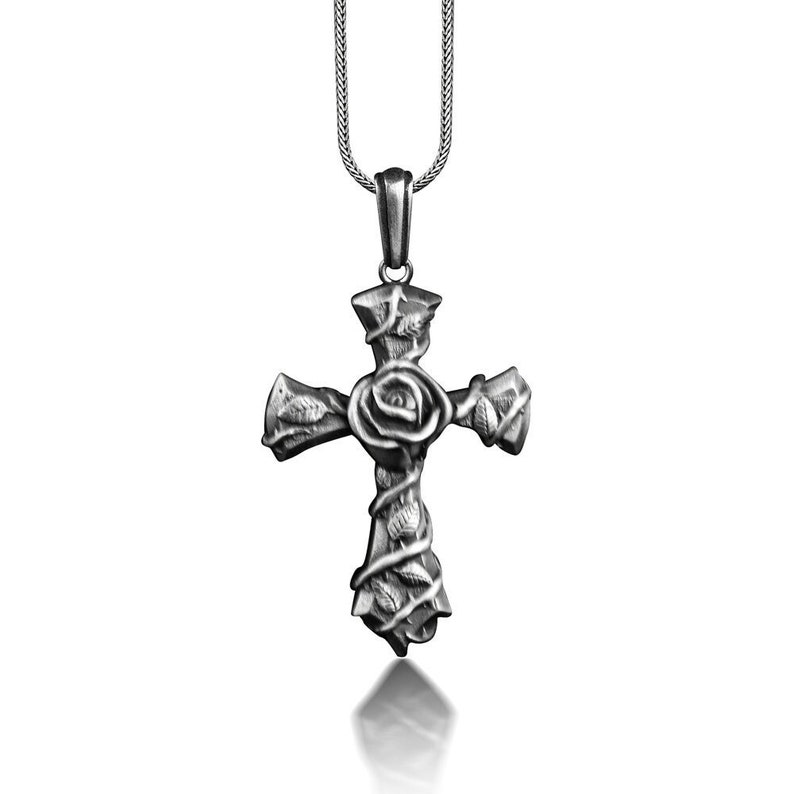 Rose in Cross Pattee Necklace For Men, Oxidized Floral Cross Necklace in Sterling Silver, Medieval Christian Cross Pendant For Boyfriend image 6