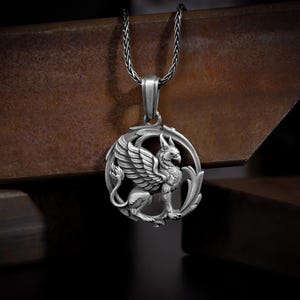 Handcrafted sterling silver griffin or griffon necklace for men, Gryphon medallion legendary creature charm pendant, Mythology men jewelry