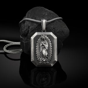 Our Lady Of Guadalupe Personalized Silver Necklace, Guadalupe Silver Men&#39;s Pendant, Religious Virgin Mary Necklace, Christian Husband Gift