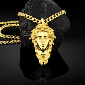 Gorgon medusa charm 14k gold necklace for men, Greek mythology goddess necklace in 21k gold with curb chain, Christmas gift family jewerly