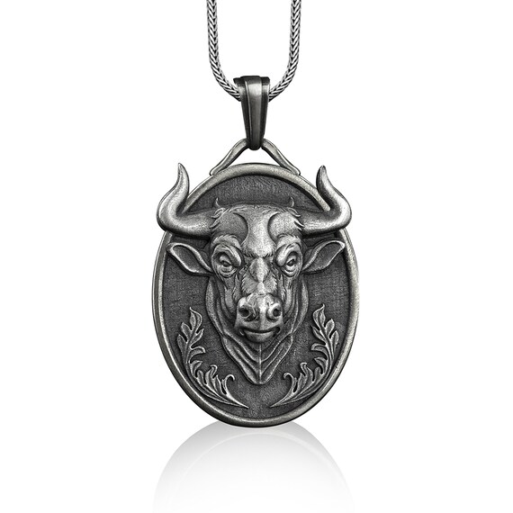 Bull Head Pendant Necklace in Sterling Silver Personalized Animal