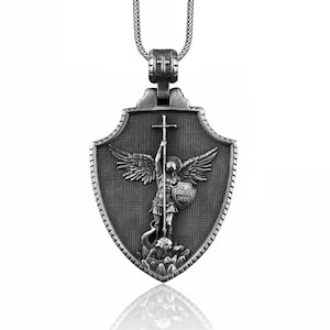 Medaglione d'argento dell'Arcangelo San Michele, Ciondolo Arcangelo con scudo ortodosso, Collana di San Michele, San Michele è il comandante dell'esercito di Dio