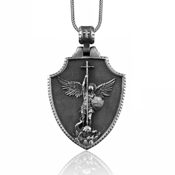 Medaglione d'argento dell'Arcangelo San Michele, Ciondolo Arcangelo con scudo ortodosso, Collana di San Michele, San Michele è il comandante dell'esercito di Dio