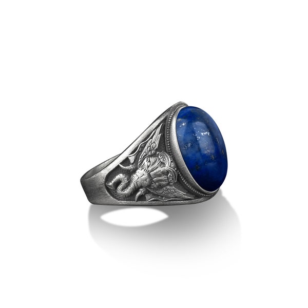 Elephant god Ganesha signet silver ring for men, Blue lapis lazuli gemstone ring, Elegant spiritual jewelry, Family sterling silver men ring