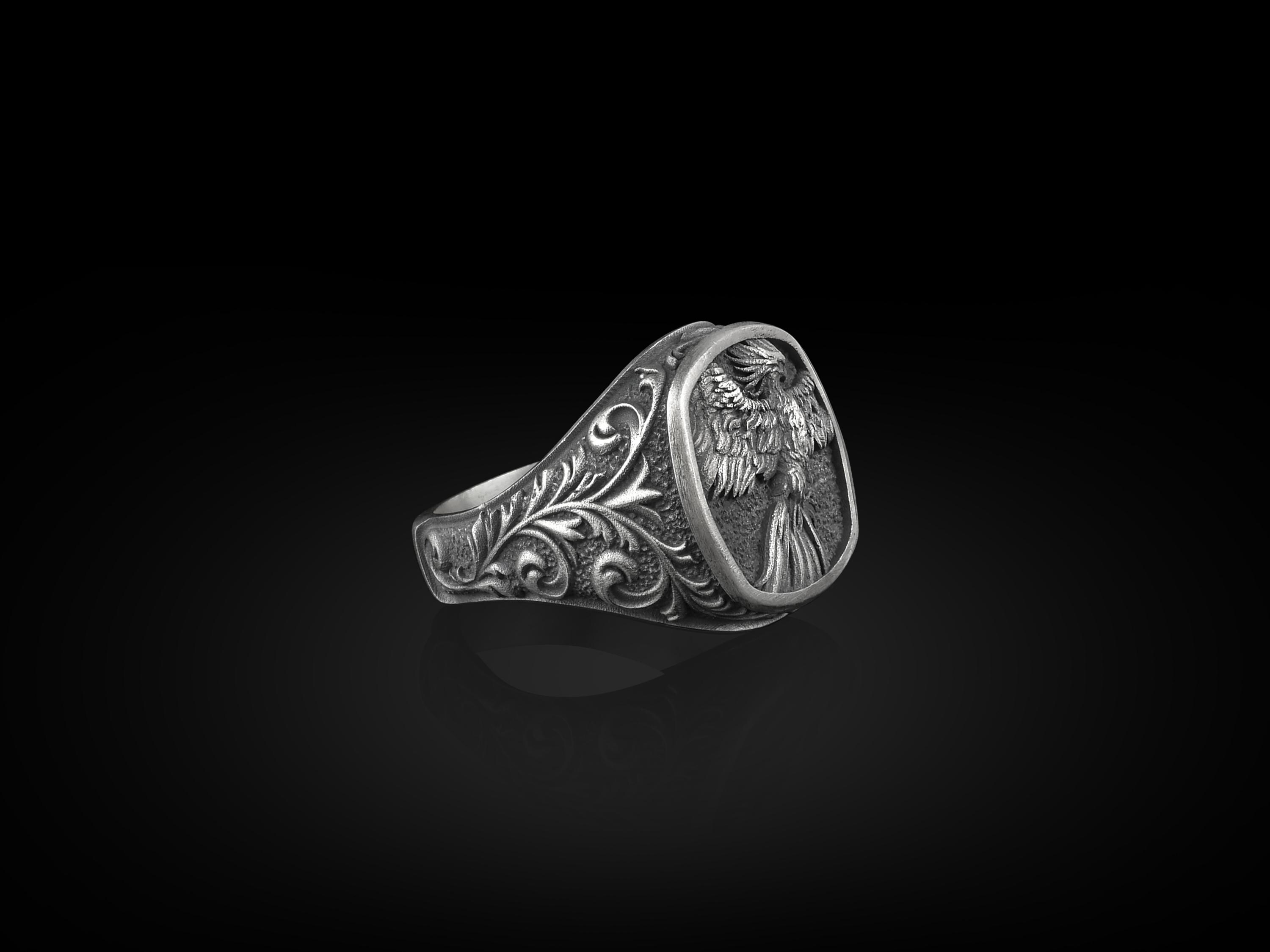 Winged Phoenix Square Signet Ring for Men in Sterling Silver, Phoenix ...