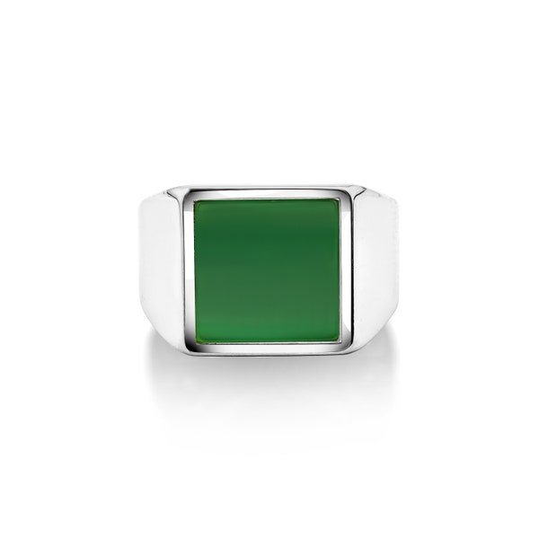 Bague minimaliste pour homme avec agate verte coupe carrée en argent sterling, chevalière à large bande avec agate, bague plate en pierre précieuse de jade vert