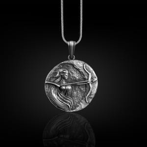 Artemis Charm Necklace in Sterling Silver, Collectable Medallion, Handmade Pendant Necklace Gift, Greek Mythology Goddess Necklace, Men Gift