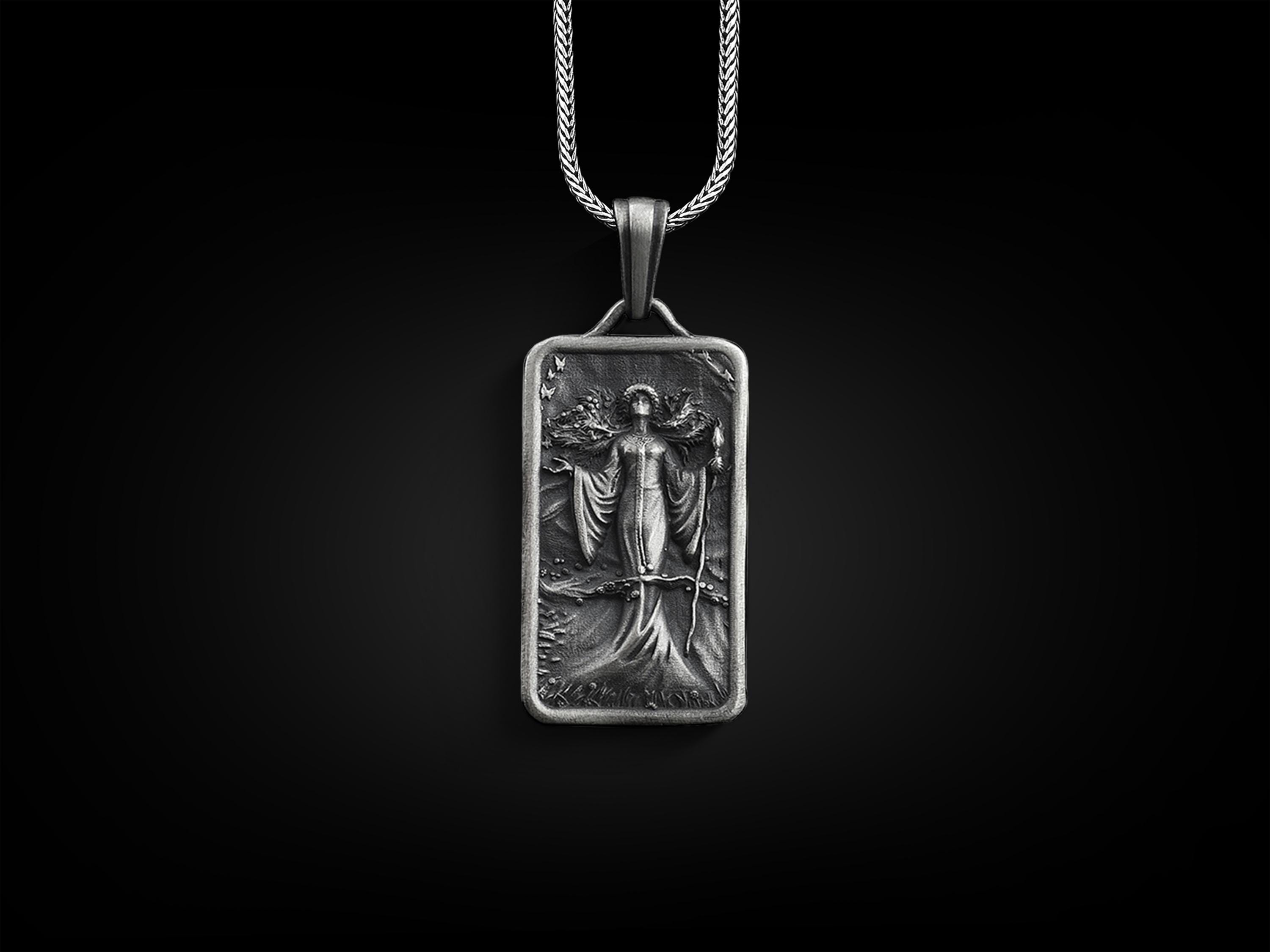 Slavic goddess rectangle pendant with custom mame, Zhiva personalized silver necklace for girlfriend, Mythology jewelry