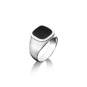 Kussen gesneden zwarte onyx Victoriaanse ring voor mannen, gegraveerde lelie aan de zijkant coole ring voor echtgenoot, 925 sterling zilveren ring