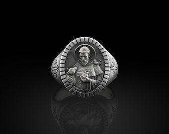 Saint Francis Oxidized Signet Ring for Men, Christian Religious Sterling Silver Jewelry, Silver Catholic Gift Rings, Husband Gift Rings