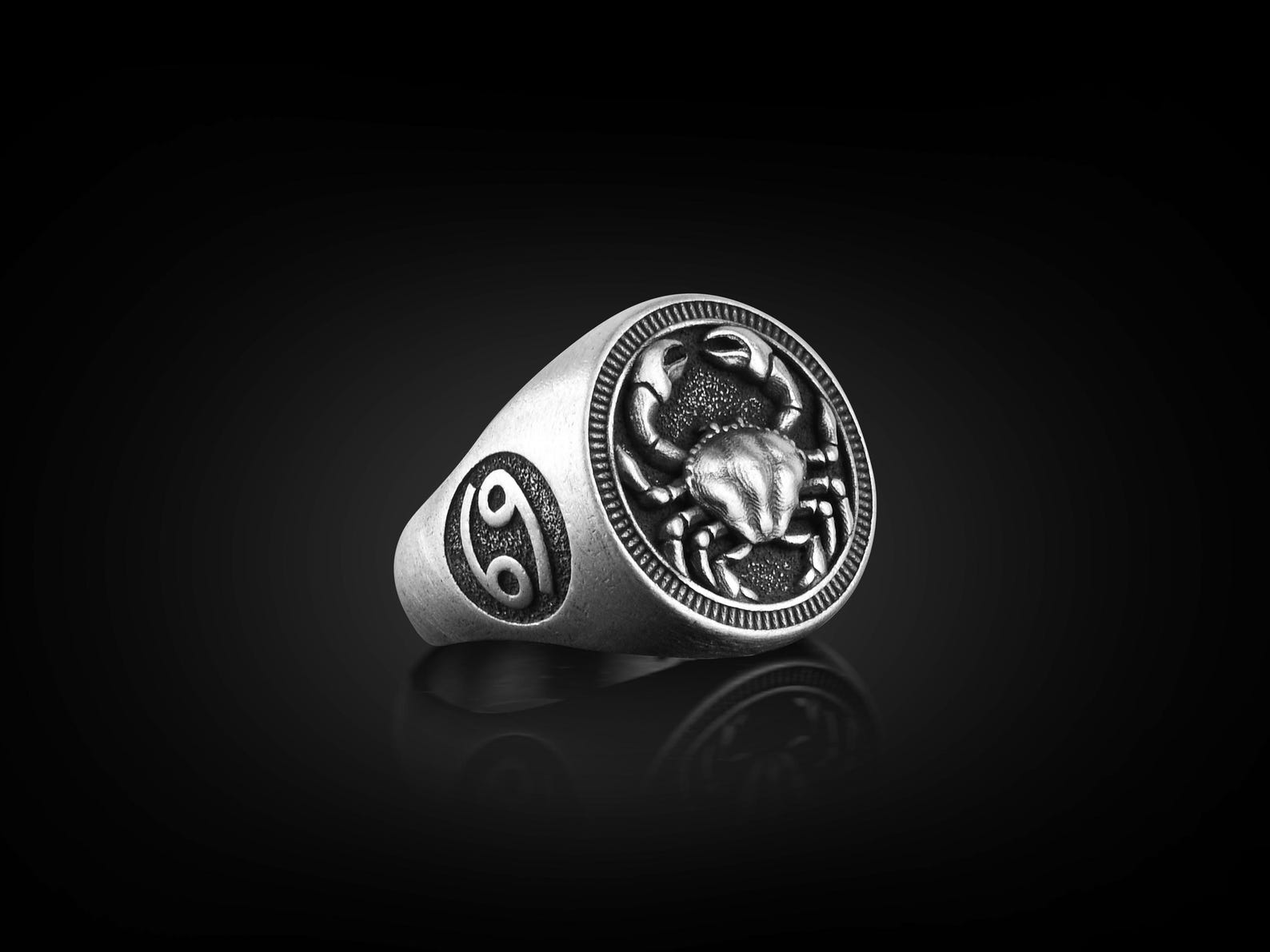 Silver Horoscope Rings Cancer Zodiac Sign Mens Ring in Silver, Zodiac Pinky Signet Ring in ...