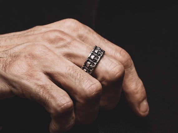 BySilverStone Handmade Sterling Silver Winged Skull Band Ring For Men - Gothic Biker Style, Oxidized Finish, Size 5-15, No Gemstone
