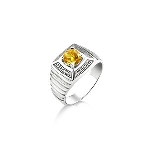 Yellow citrne solitaire ring with greek motifs, Sterling silver clear citrine mens ring for dad, Unique mens ring, Gemstone men gift rings